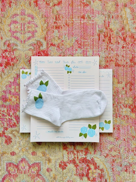 HYDRANGEA DAILY/WEEKLY NOTEPADS + HYDRANGEA SOCKS!