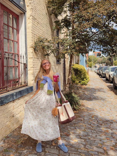 BROWN POLKA DOT RUFFLE TOTE