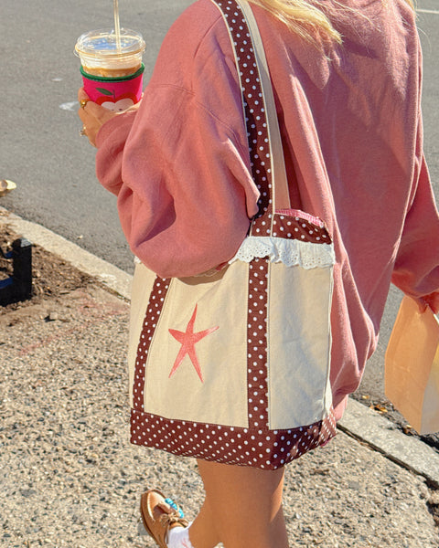 BROWN POLKA DOT RUFFLE TOTE