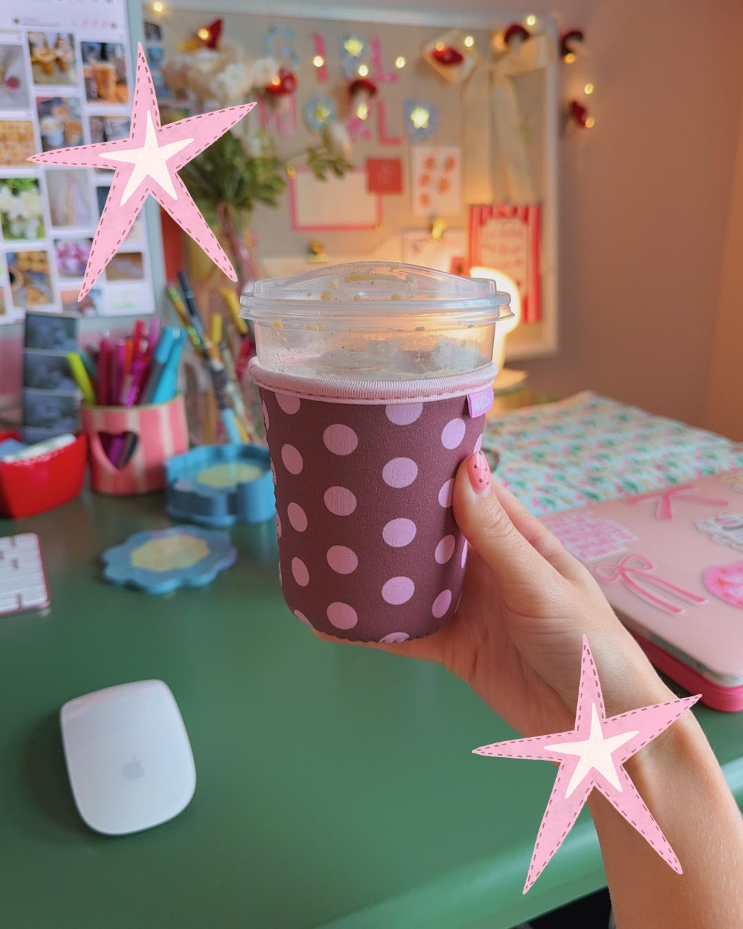 PINK AND BROWN POLKA DOT ICED COFFEE COOZIE