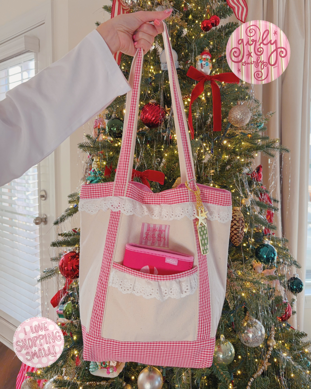 RED GINGHAM RUFFLE TOTE WITH POCKET