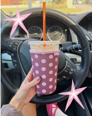 PINK AND BROWN POLKA DOT ICED COFFEE COOZIE