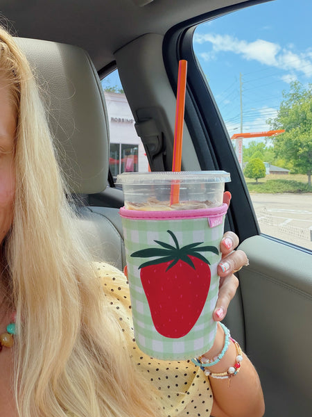 GINGHAM STRAWBERRY ICED COFFEE COOZIE