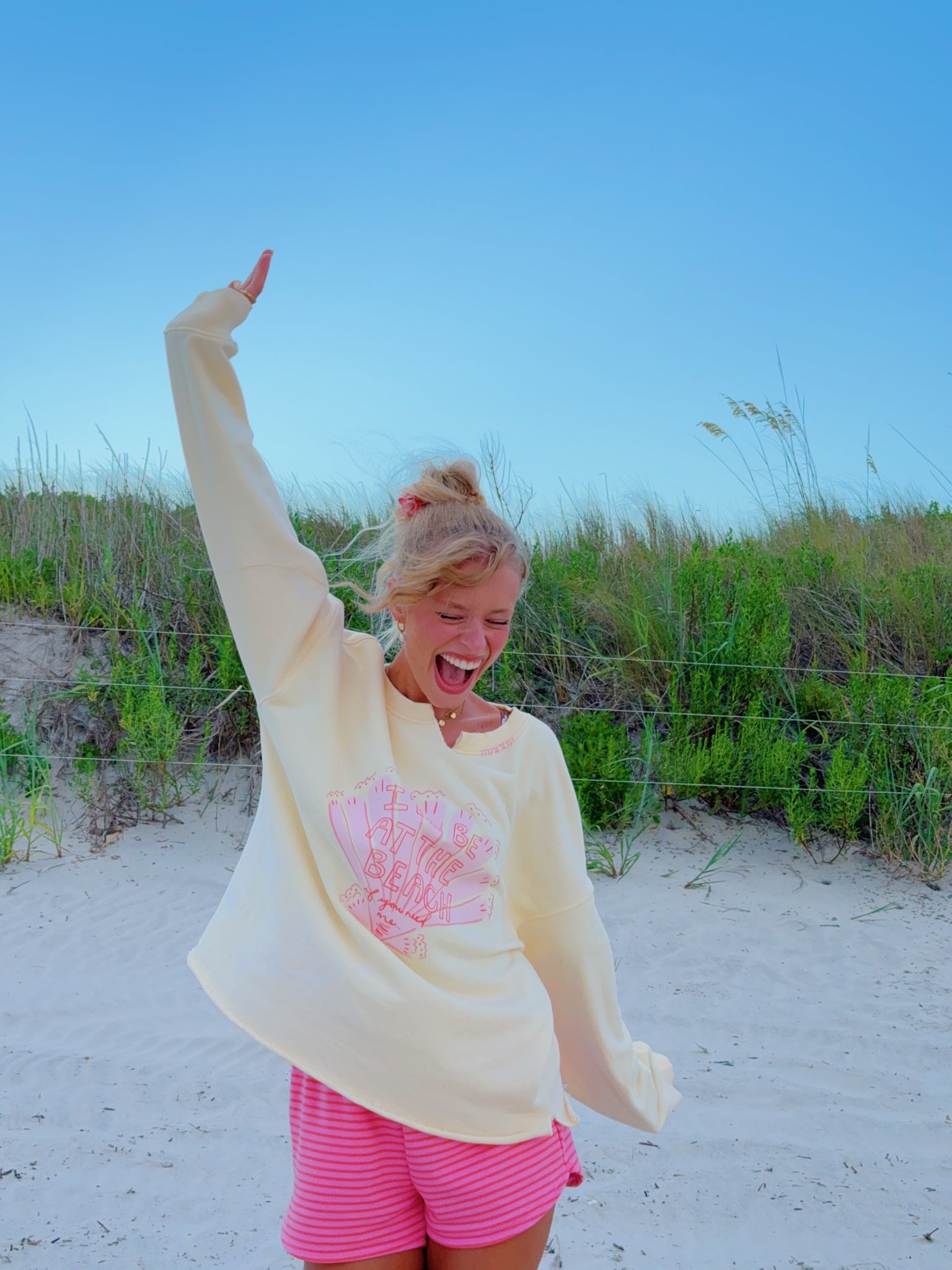 'I'LL BE AT THE BEACH IF YA NEED ME' CREAMY YELLOW CREW