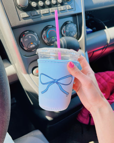 BLUE 'PUT A BOW ON IT' ICED COFFEE COOZIE