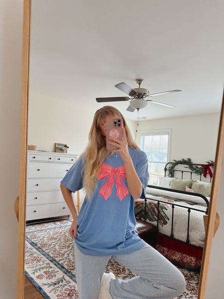 GIRLY STRIPED BOW BLUE TEE