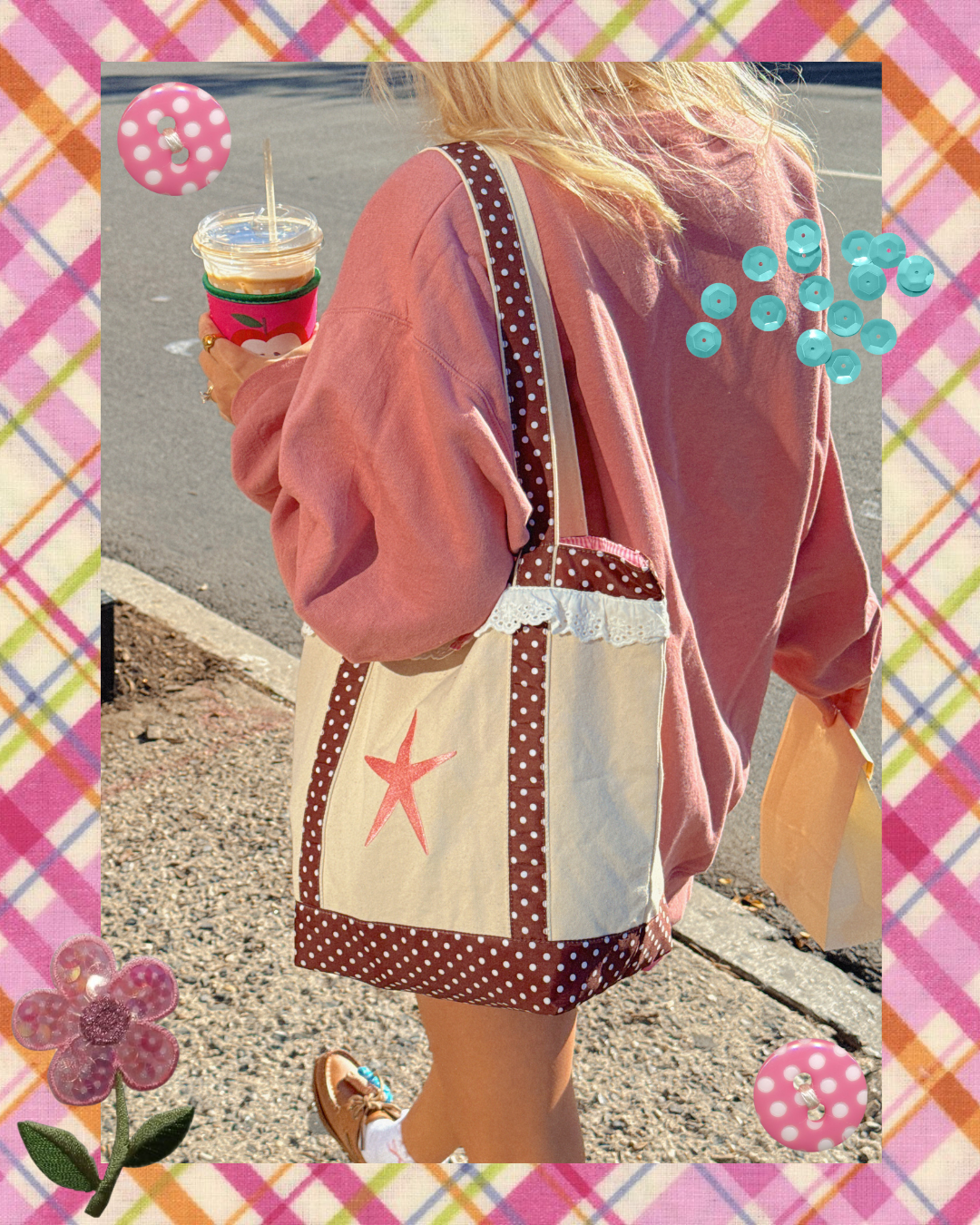 BROWN POLKA DOT RUFFLE TOTE